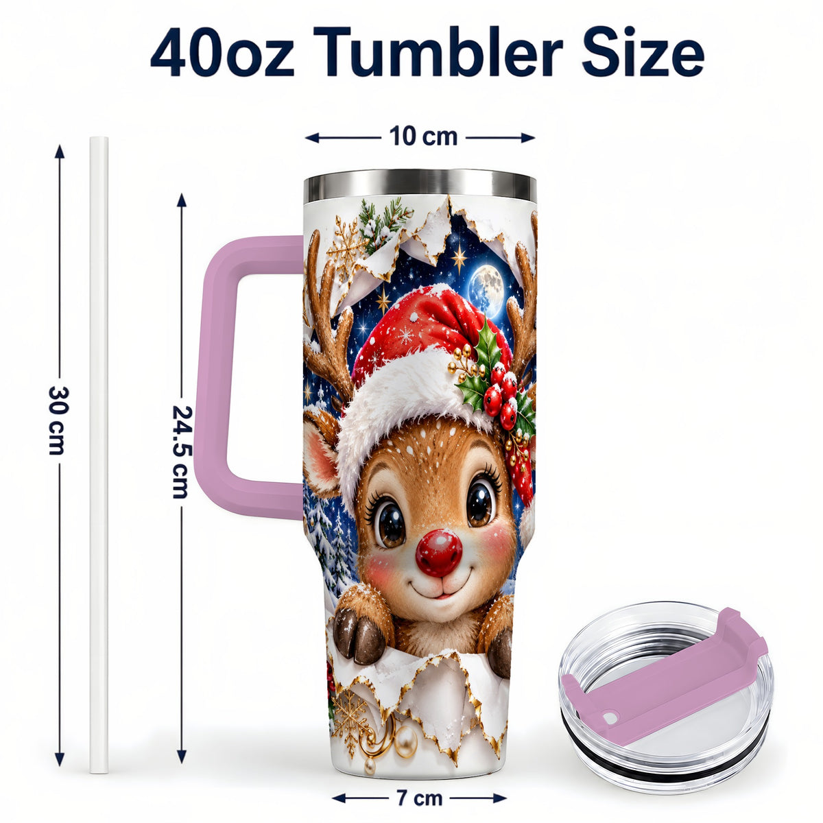 #pl[40oz|Pink] Christmas Reindeer 40oz Tumbler with Handle, Woodland Deer Drinkware