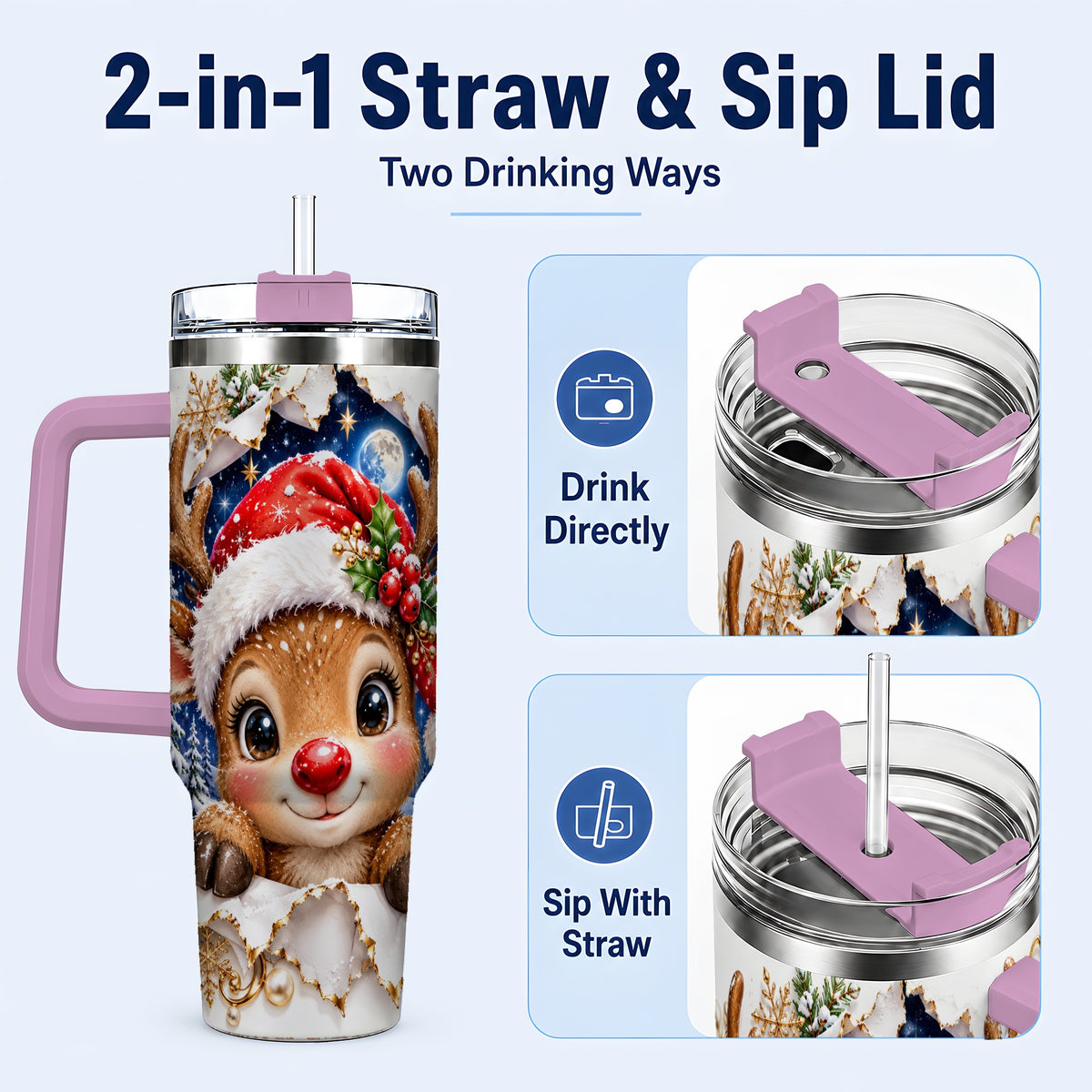 #pl[40oz|Pink] Christmas Reindeer 40oz Tumbler with Handle, Woodland Deer Drinkware