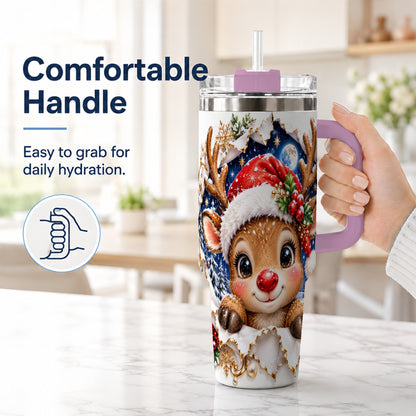 #pl[40oz|Pink] Christmas Reindeer 40oz Tumbler with Handle, Woodland Deer Drinkware