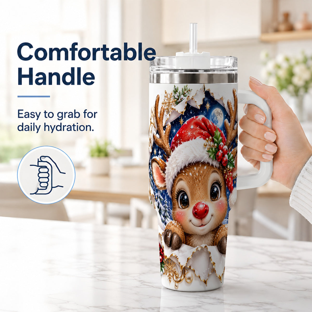 #pl[40oz|White] Christmas Reindeer 40oz Tumbler with Handle, Woodland Deer Drinkware