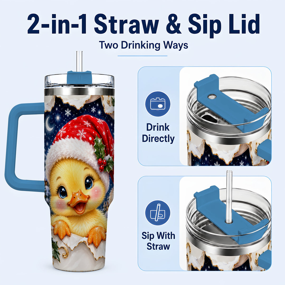 #pl[40oz|Blue] Christmas Duckling 40oz Tumbler with Handle, Santa Duck Drinkware