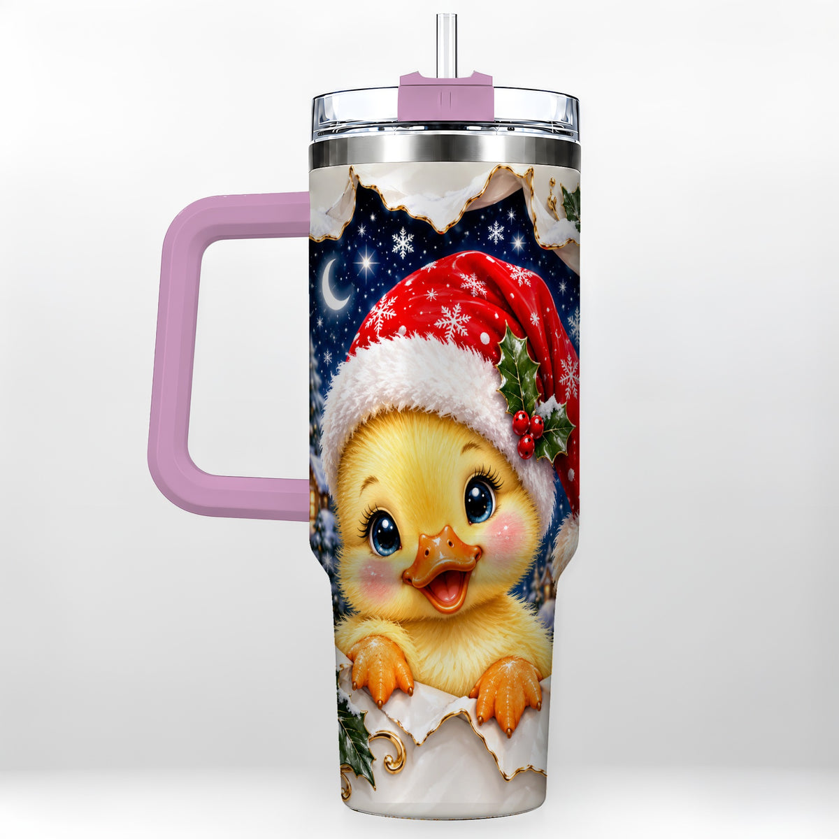 #pl[40oz|Pink] Christmas Duckling 40oz Tumbler with Handle, Santa Duck Drinkware