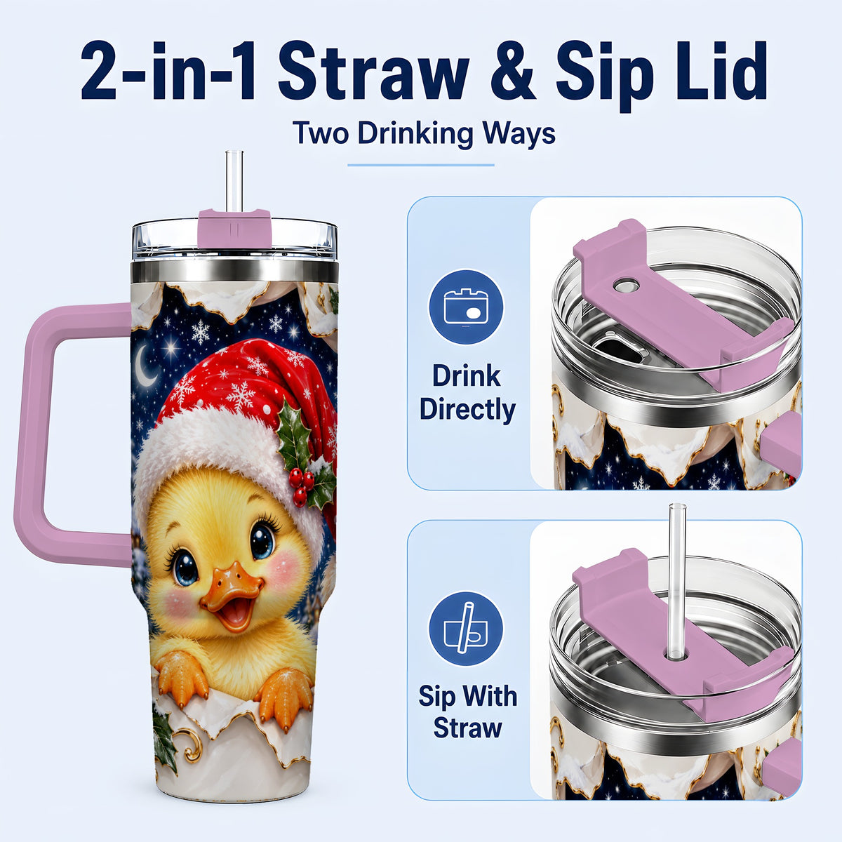 #pl[40oz|Pink] Christmas Duckling 40oz Tumbler with Handle, Santa Duck Drinkware