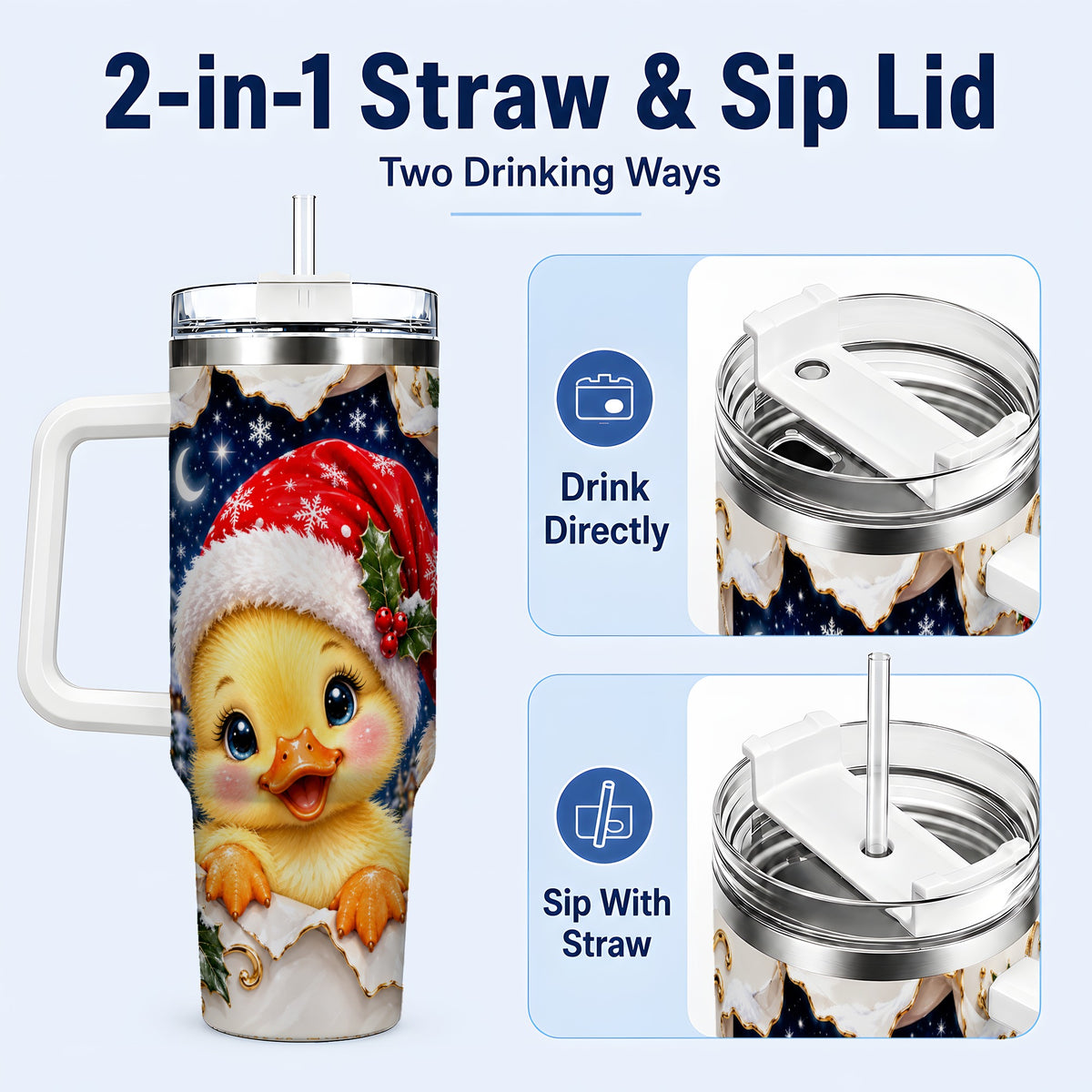 #pl[40oz|White] Christmas Duckling 40oz Tumbler with Handle, Santa Duck Drinkware