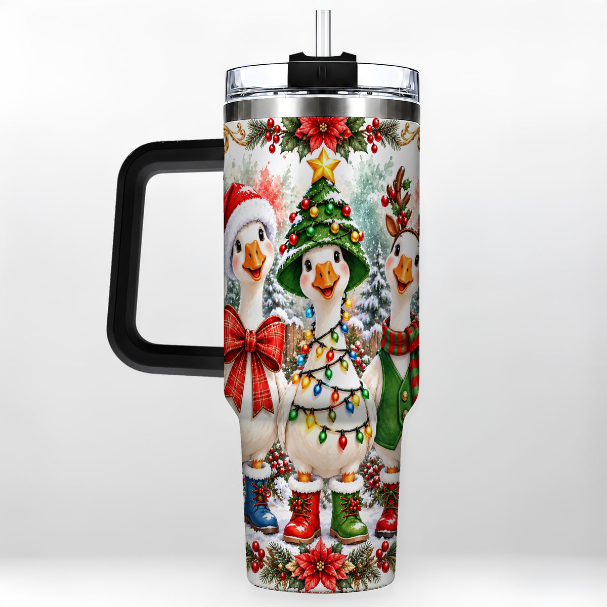 #pl[40oz|Black] Christmas Geese 40oz Tumbler with Handle, Farmhouse Holiday Drinkware