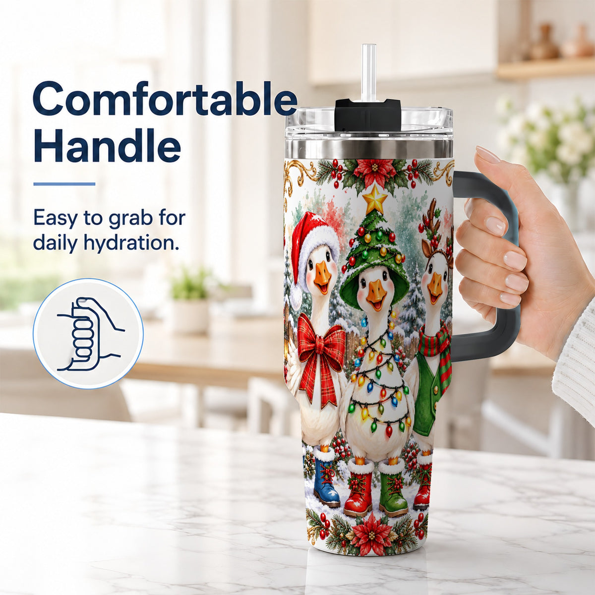 #pl[40oz|Black] Christmas Geese 40oz Tumbler with Handle, Farmhouse Holiday Drinkware