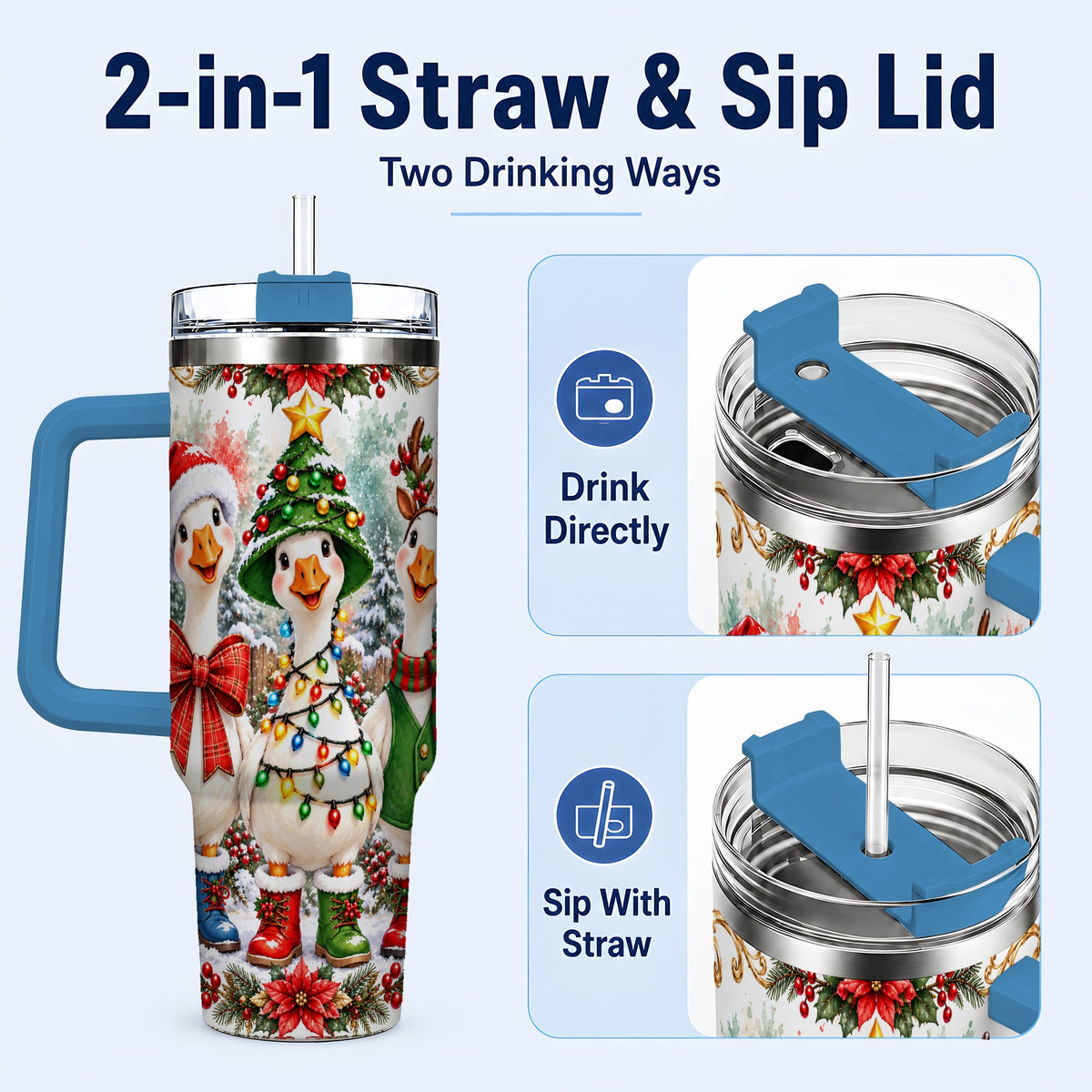 #pl[40oz|Blue] Christmas Geese 40oz Tumbler with Handle, Farmhouse Holiday Drinkware