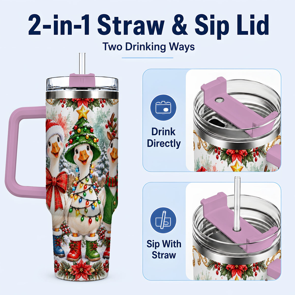 #pl[40oz|Pink] Christmas Geese 40oz Tumbler with Handle, Farmhouse Holiday Drinkware