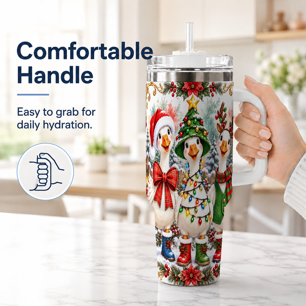 #pl[40oz|White] Christmas Geese 40oz Tumbler with Handle, Farmhouse Holiday Drinkware