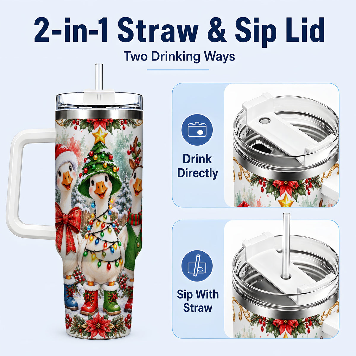 #pl[40oz|White] Christmas Geese 40oz Tumbler with Handle, Farmhouse Holiday Drinkware
