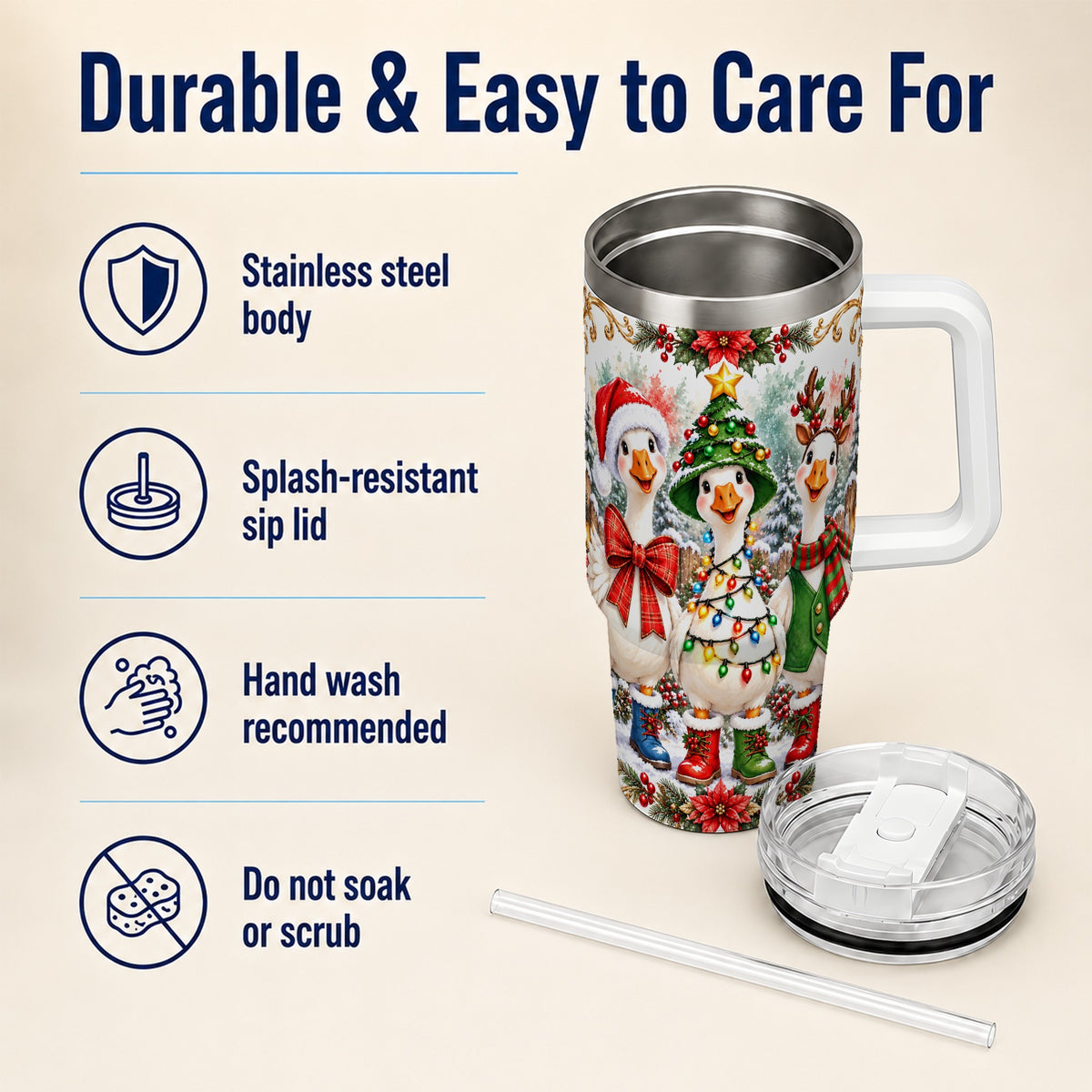 Christmas Geese 40oz Tumbler with Handle, Farmhouse Holiday Drinkware