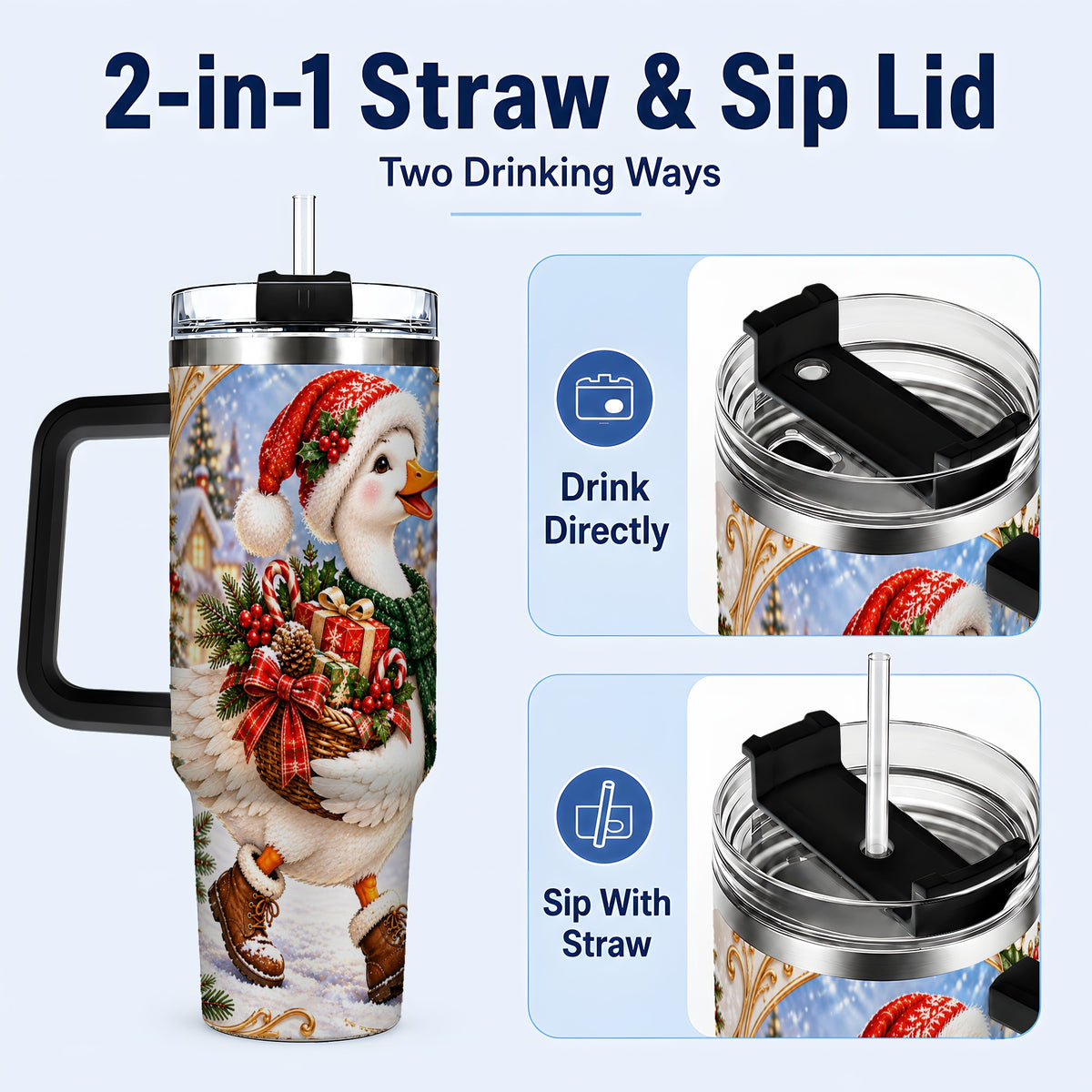 #pl[40oz|Black] Christmas Goose 40oz Tumbler with Handle, Festive Winter Bird Design