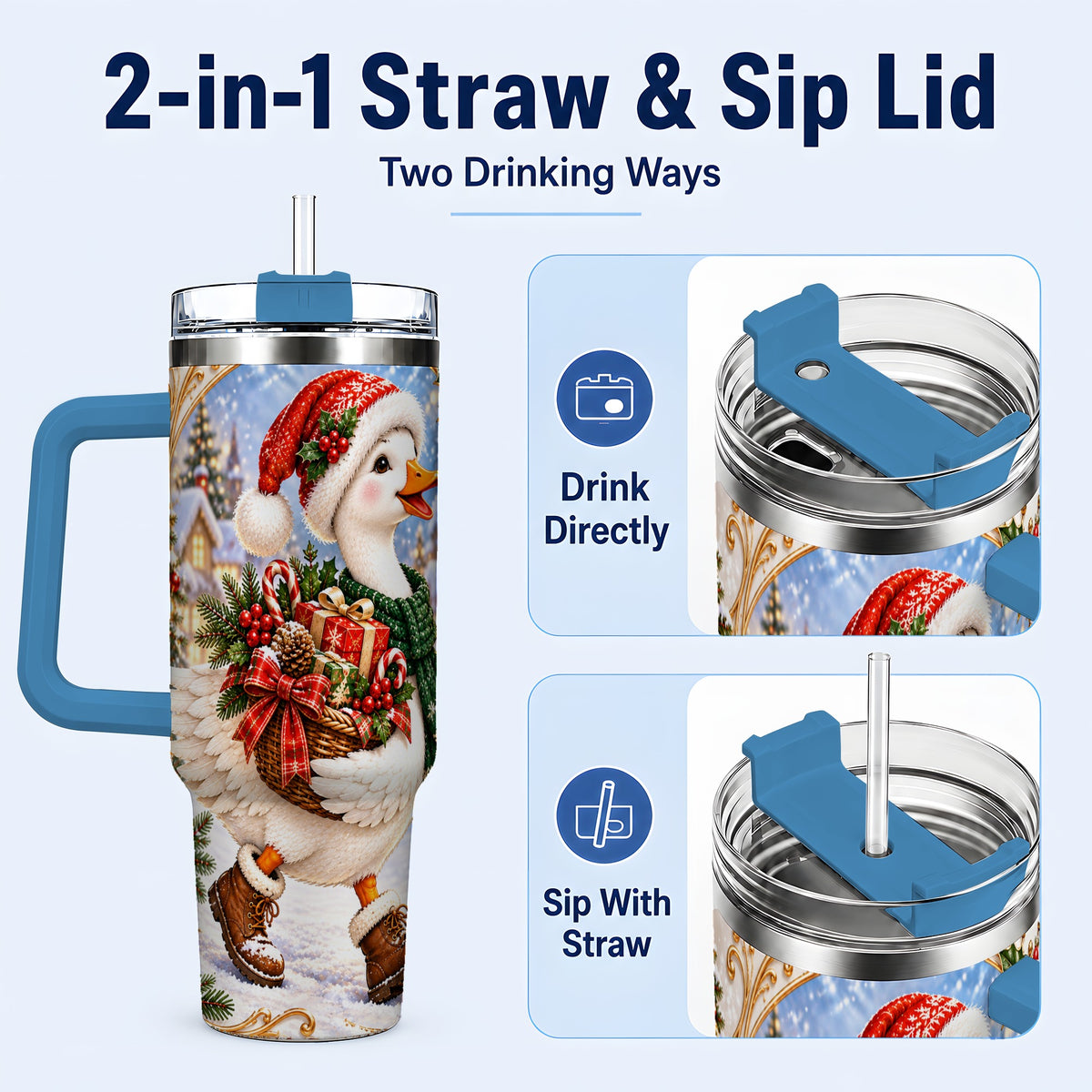 #pl[40oz|Blue] Christmas Goose 40oz Tumbler with Handle, Festive Winter Bird Design