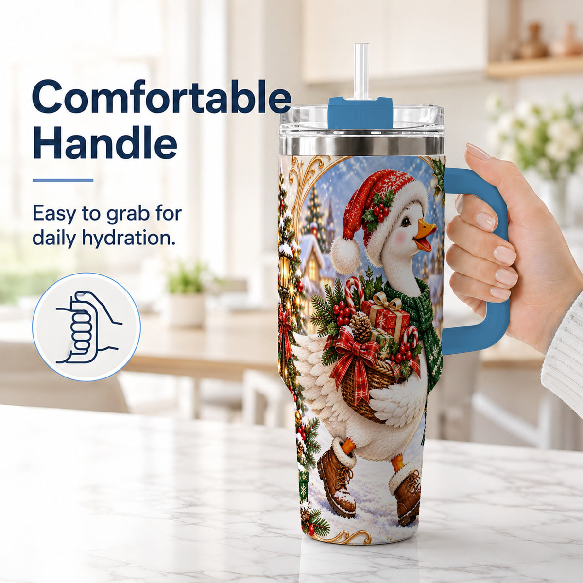 #pl[40oz|Blue] Christmas Goose 40oz Tumbler with Handle, Festive Winter Bird Design