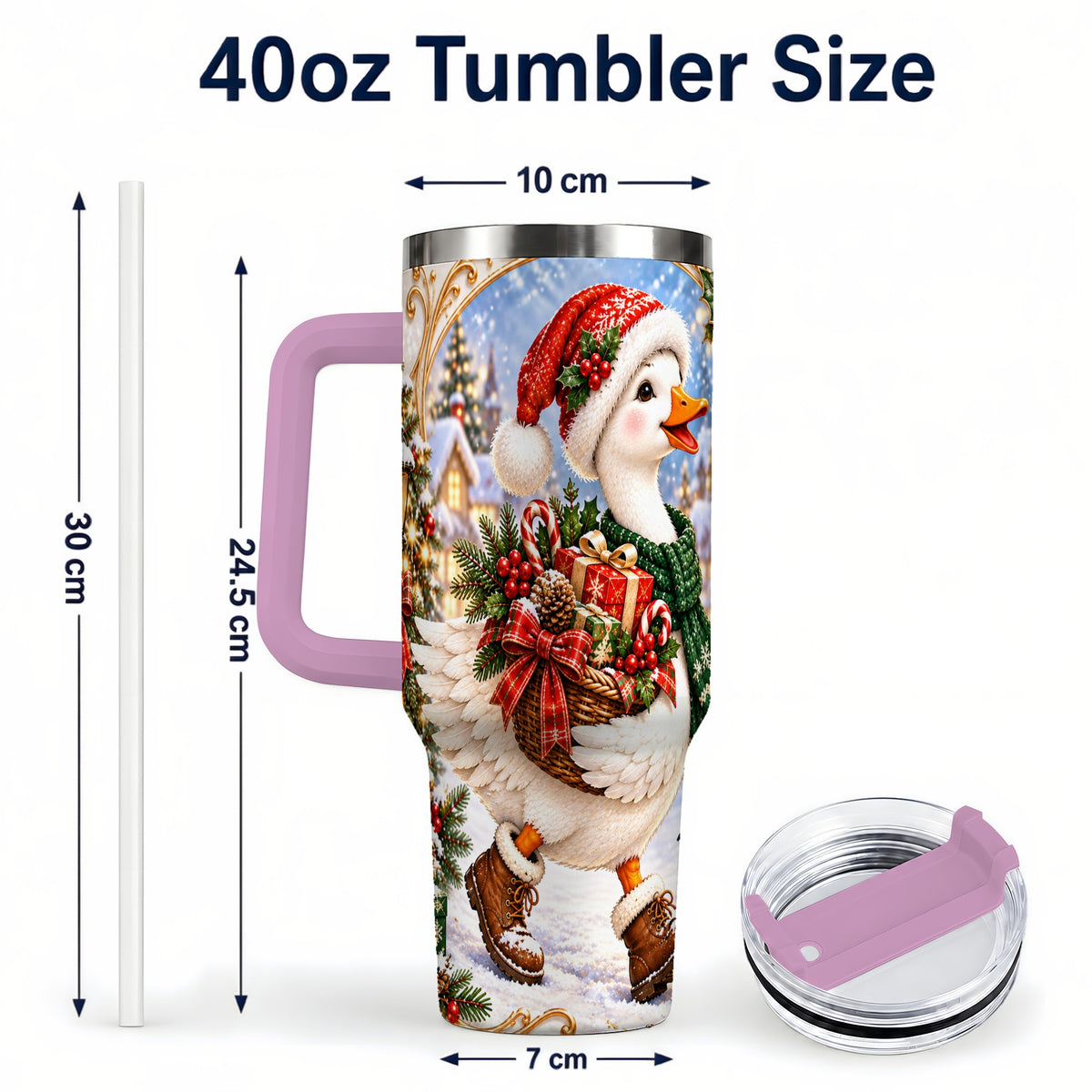 #pl[40oz|Pink] Christmas Goose 40oz Tumbler with Handle, Festive Winter Bird Design