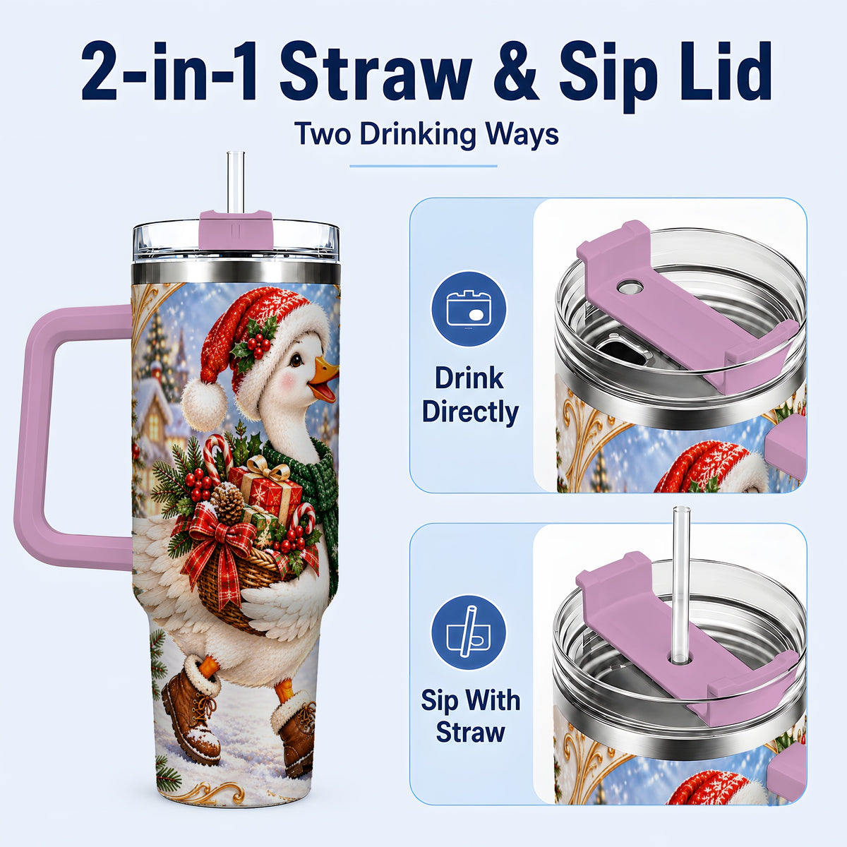 #pl[40oz|Pink] Christmas Goose 40oz Tumbler with Handle, Festive Winter Bird Design