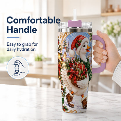 #pl[40oz|Pink] Christmas Goose 40oz Tumbler with Handle, Festive Winter Bird Design