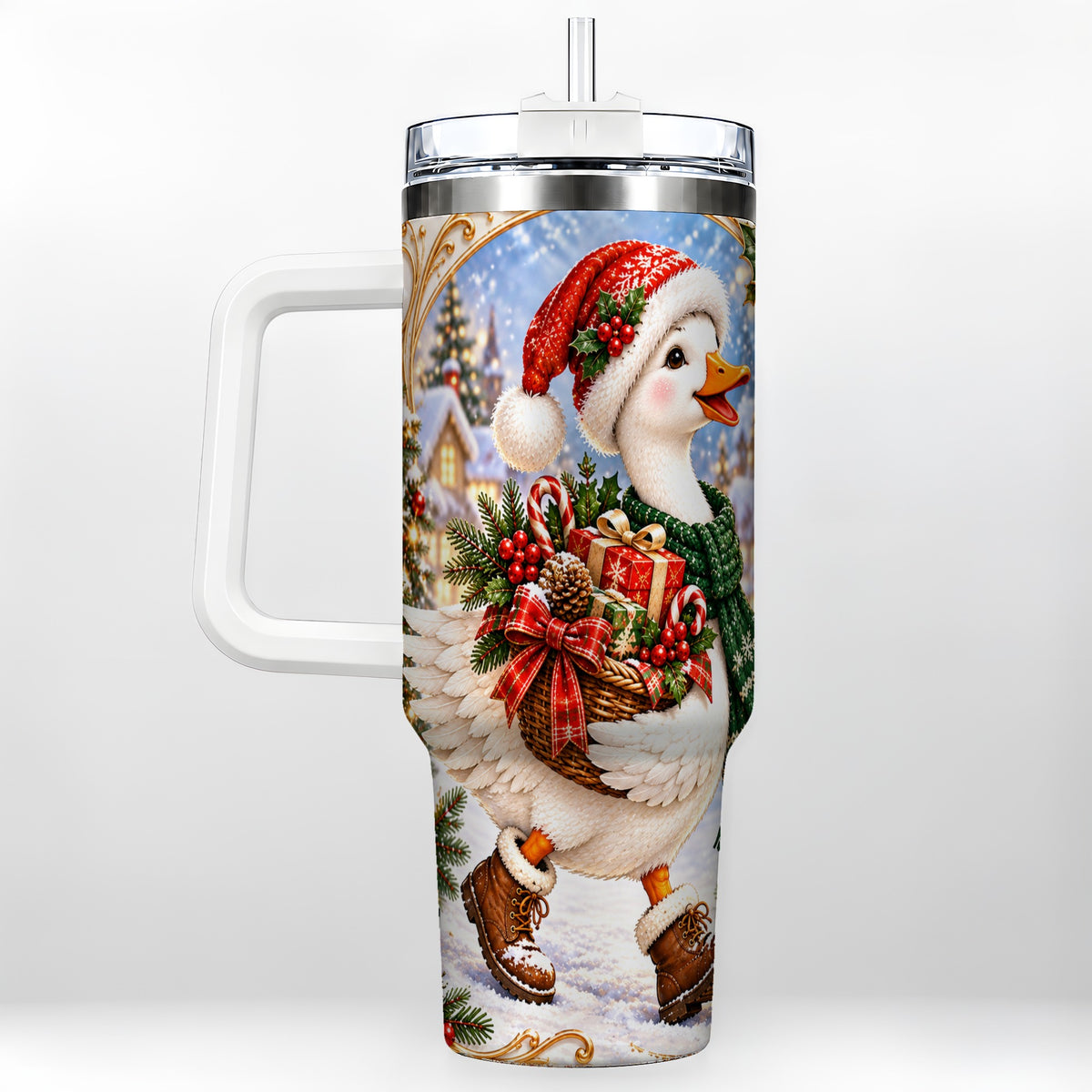 Christmas Goose 40oz Tumbler with Handle, Festive Winter Bird Design