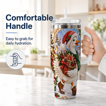 #pl[40oz|White] Christmas Goose 40oz Tumbler with Handle, Festive Winter Bird Design