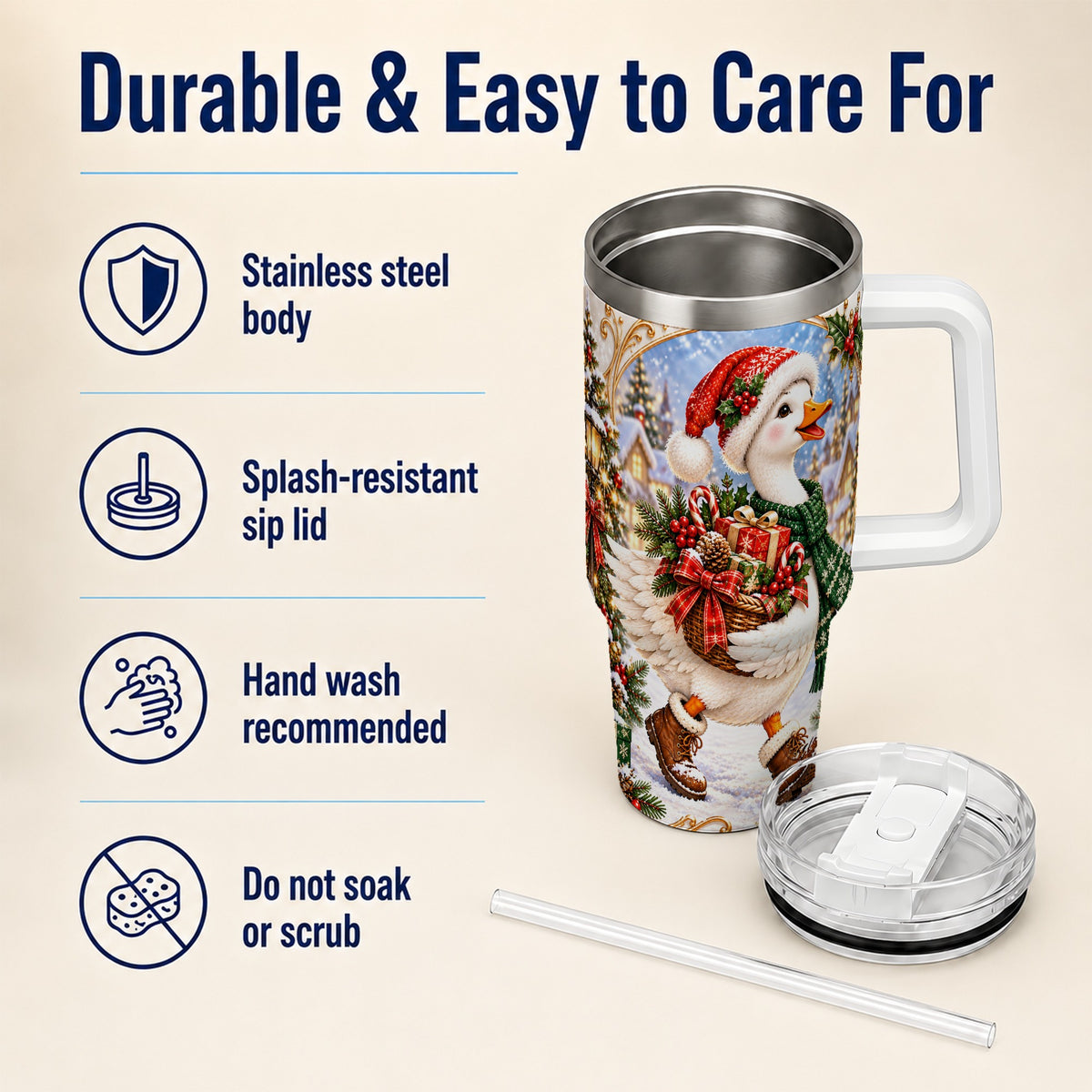 Christmas Goose 40oz Tumbler with Handle, Festive Winter Bird Design