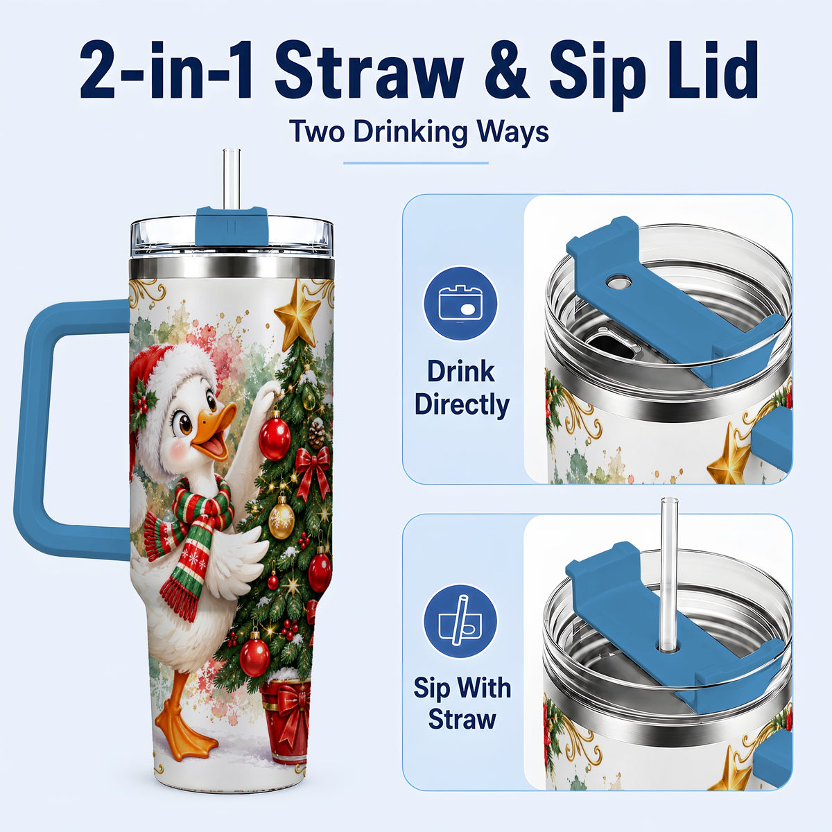 #pl[40oz|Blue] Christmas Goose 40oz Tumbler with Handle, Decorating Tree Artwork