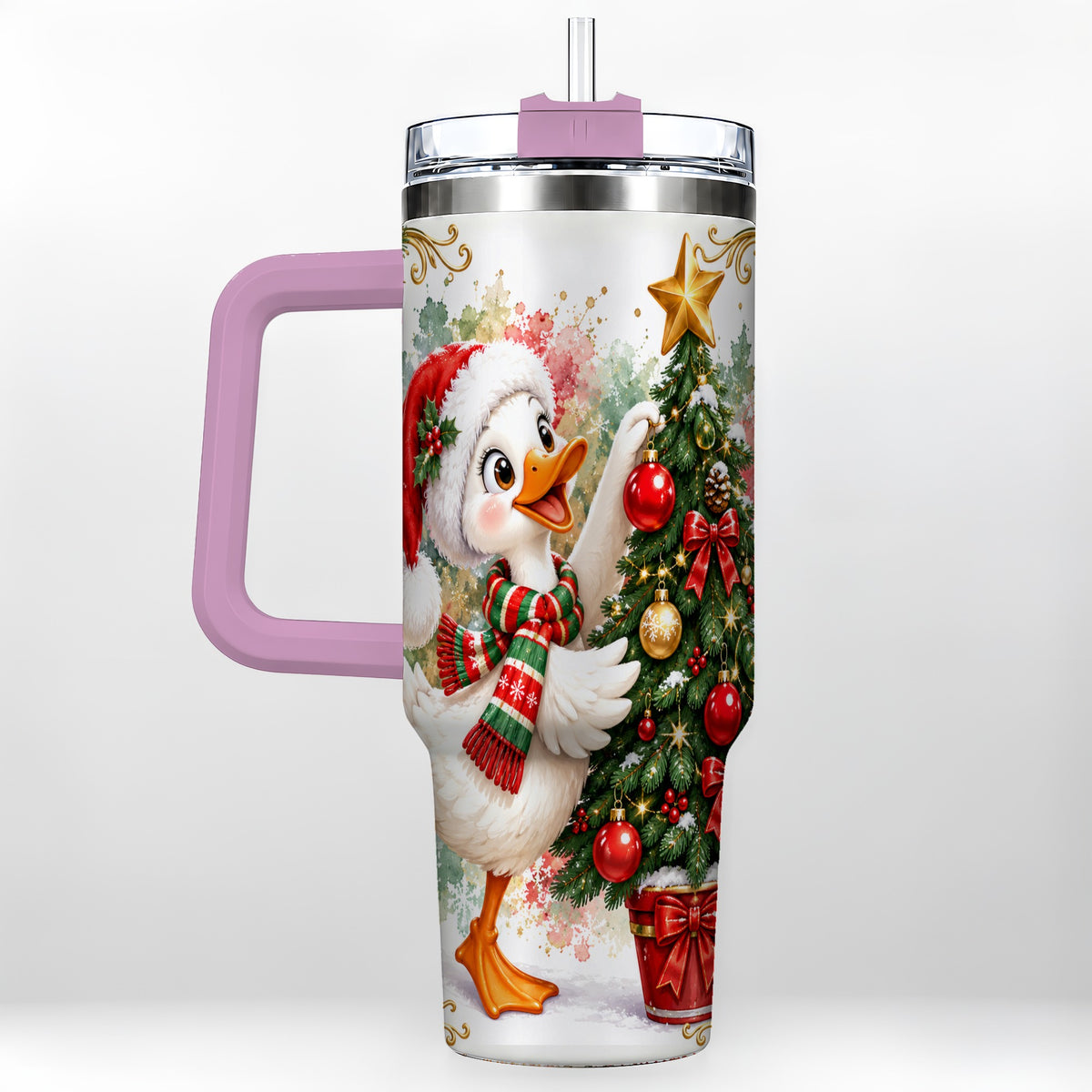 #pl[40oz|Pink] Christmas Goose 40oz Tumbler with Handle, Decorating Tree Artwork