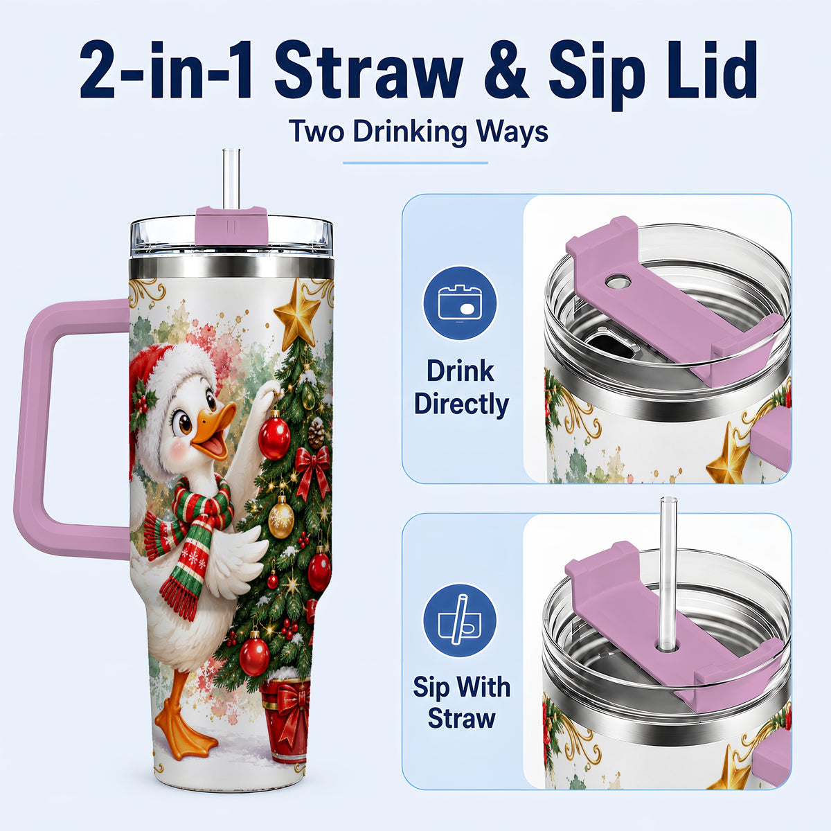 #pl[40oz|Pink] Christmas Goose 40oz Tumbler with Handle, Decorating Tree Artwork