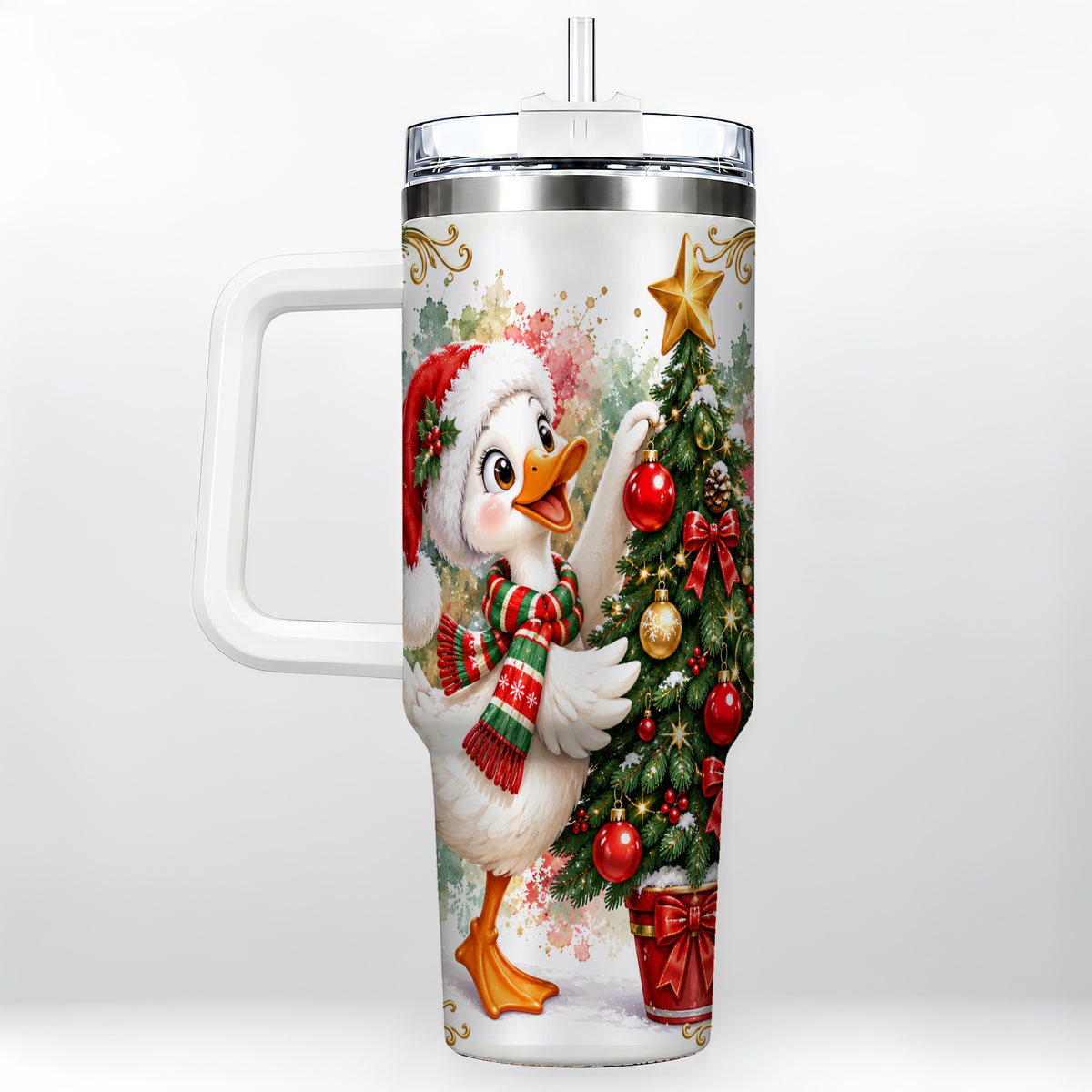 Christmas Goose 40oz Tumbler with Handle, Decorating Tree Artwork