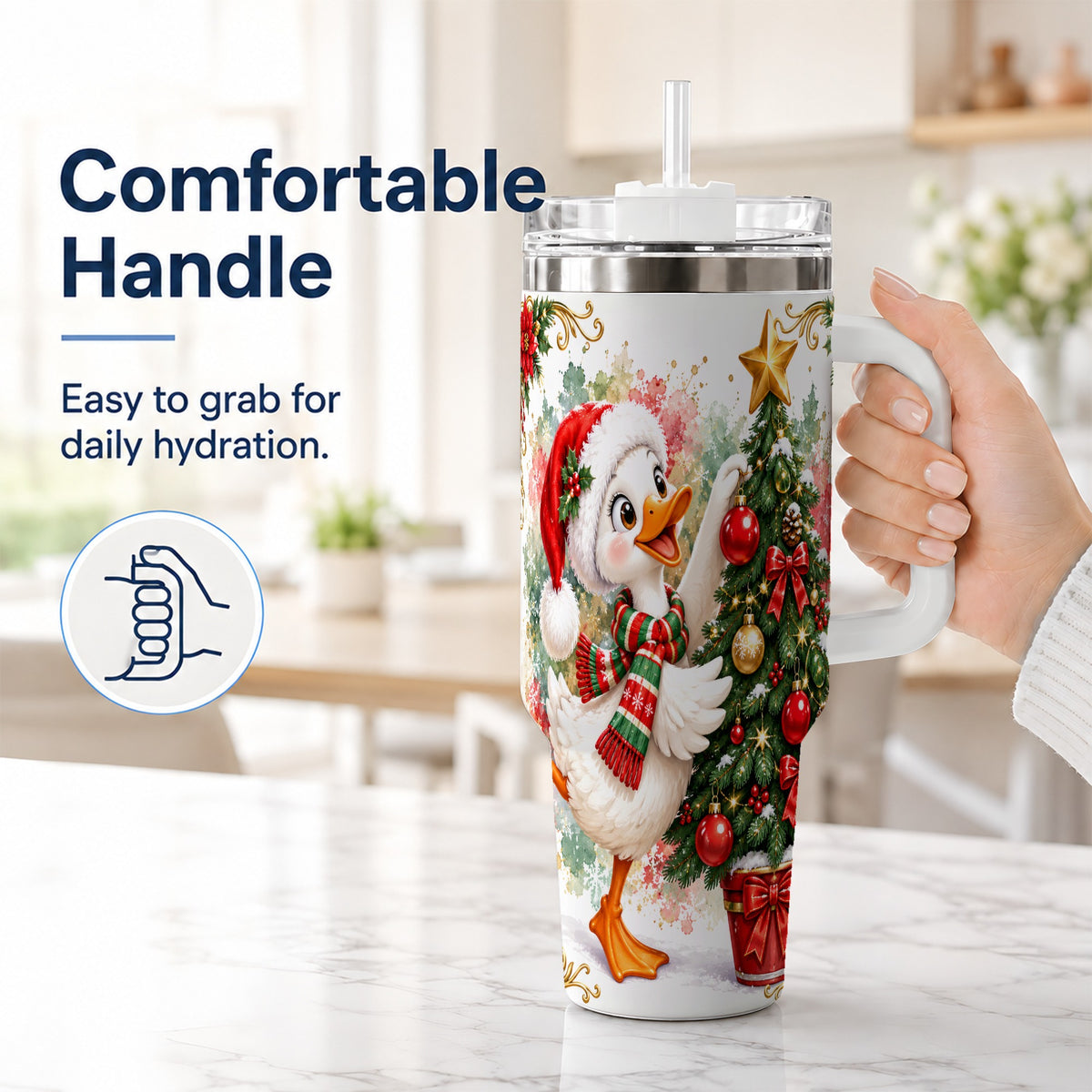 #pl[40oz|White] Christmas Goose 40oz Tumbler with Handle, Decorating Tree Artwork