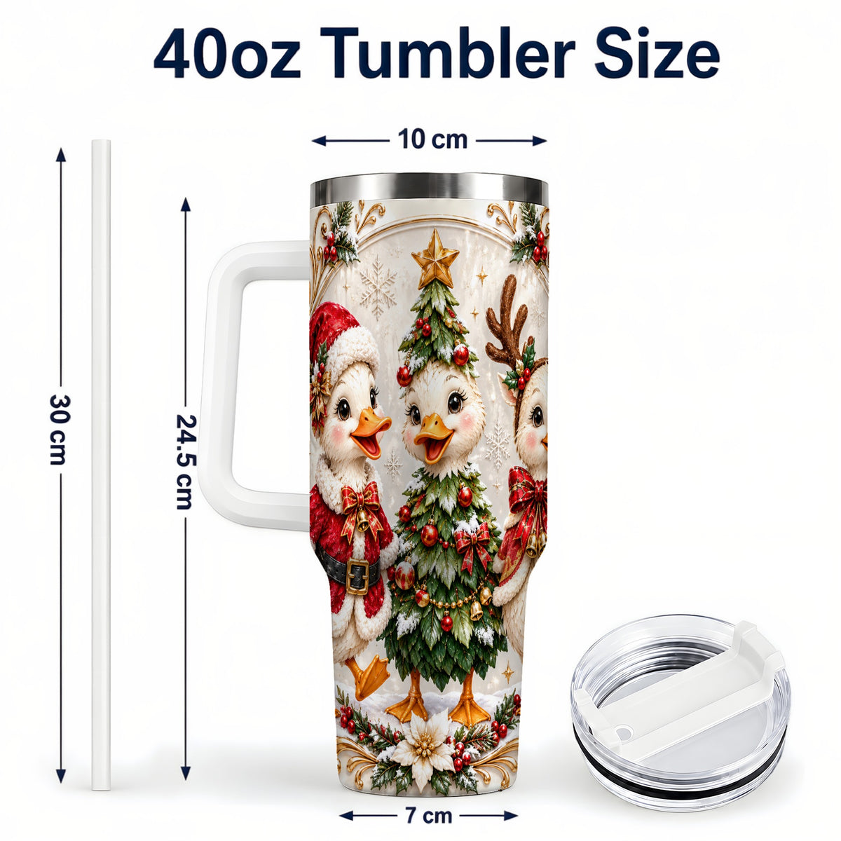 #pl[40oz|White] Christmas Goose Trio 40oz Tumbler with Handle, Holiday Bird Artwork