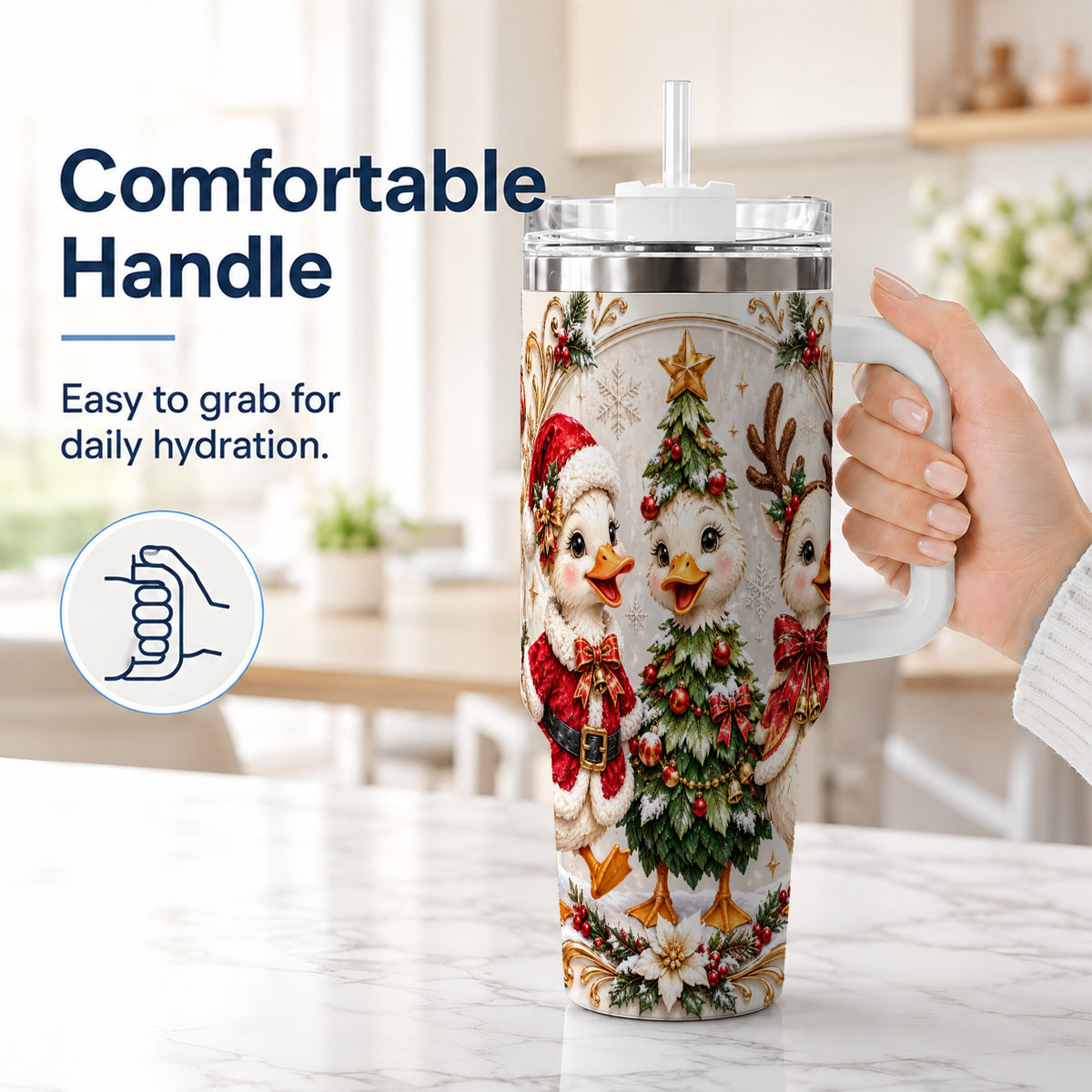 #pl[40oz|White] Christmas Goose Trio 40oz Tumbler with Handle, Holiday Bird Artwork