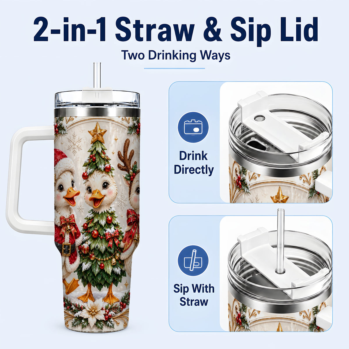 #pl[40oz|White] Christmas Goose Trio 40oz Tumbler with Handle, Holiday Bird Artwork