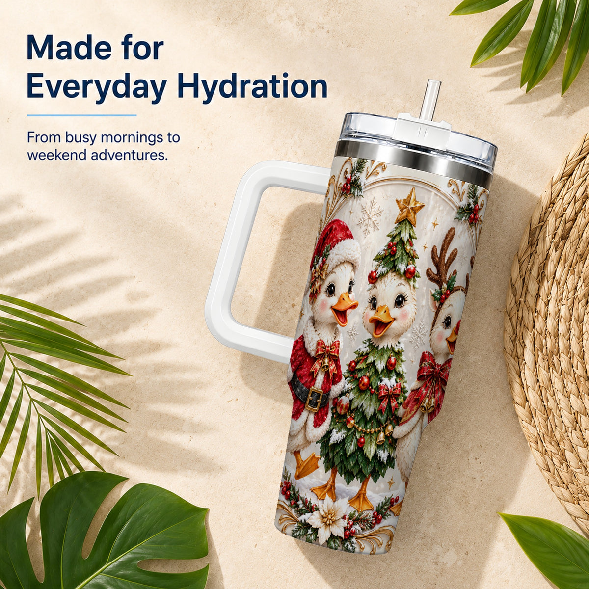 Christmas Goose Trio 40oz Tumbler with Handle, Holiday Bird Artwork