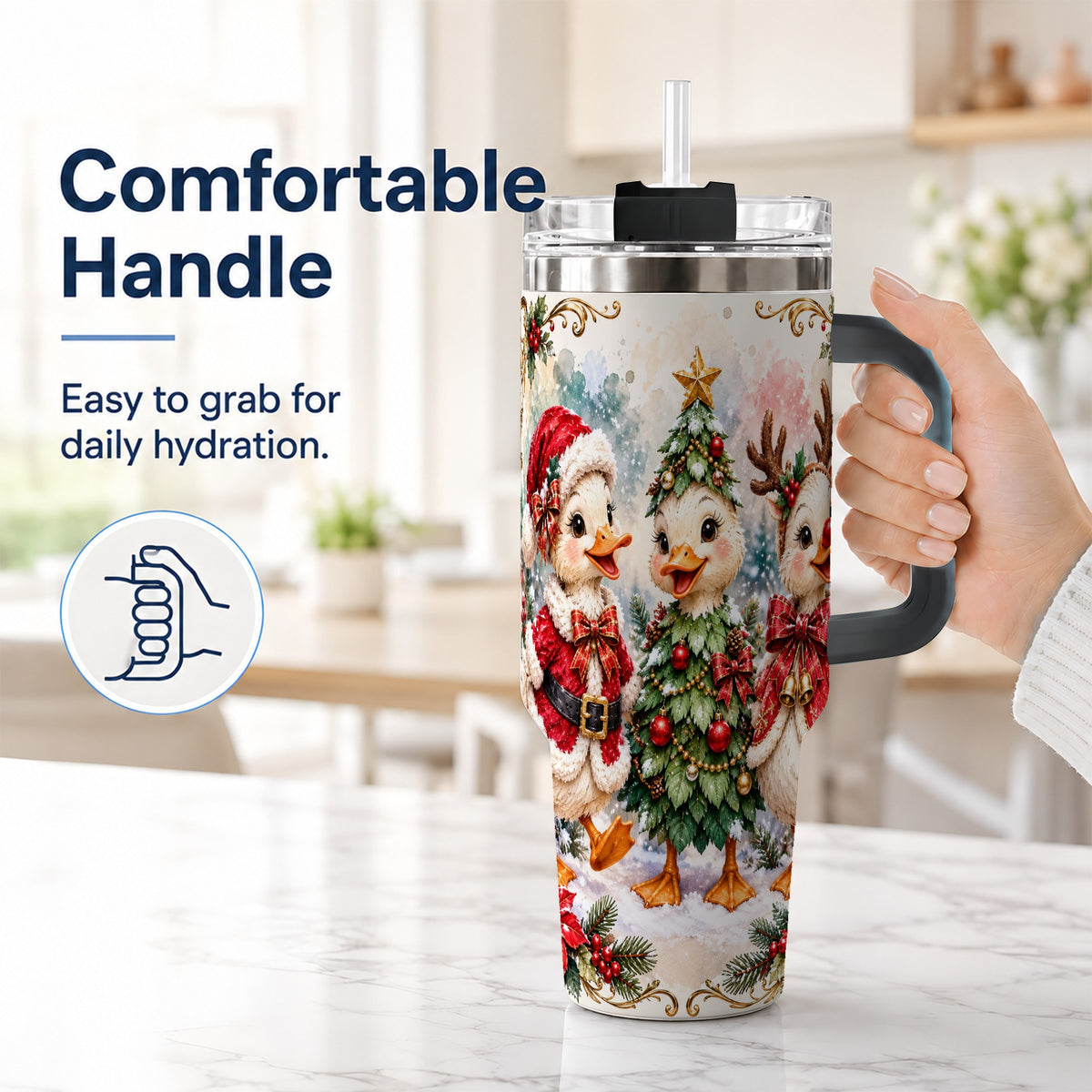 #pl[40oz|Black] Christmas Goose Trio 40oz Tumbler with Handle, Festive Farm Bird Art