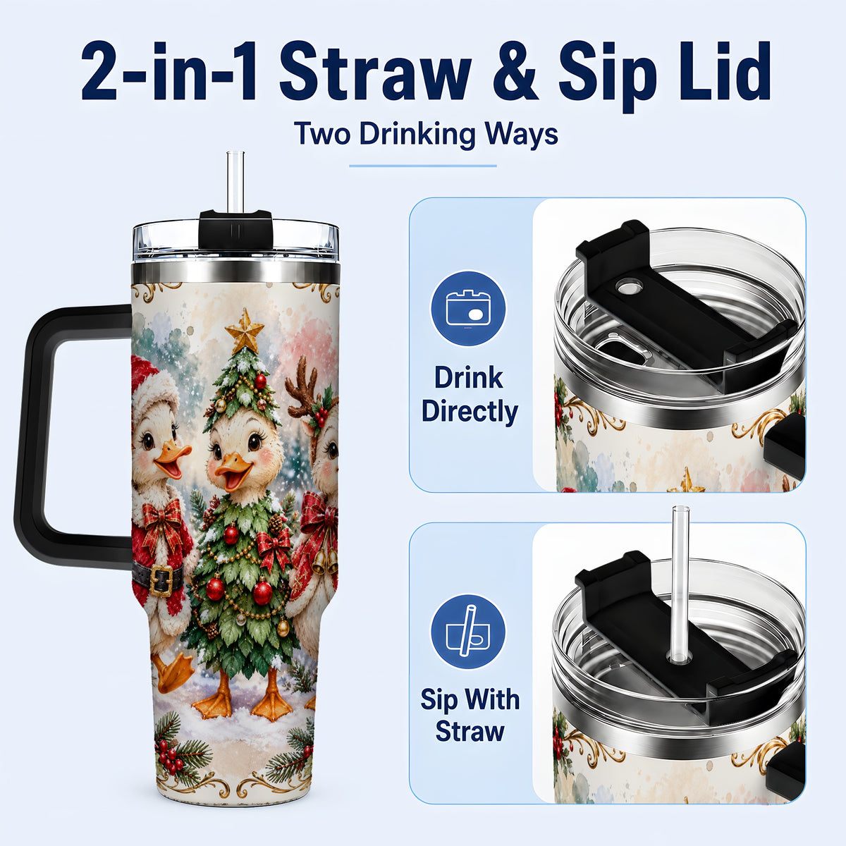 #pl[40oz|Black] Christmas Goose Trio 40oz Tumbler with Handle, Festive Farm Bird Art