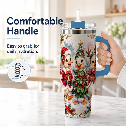 #pl[40oz|Blue] Christmas Goose Trio 40oz Tumbler with Handle, Festive Farm Bird Art