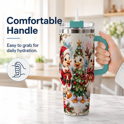 #pl[40oz|Green] Christmas Goose Trio 40oz Tumbler with Handle, Festive Farm Bird Art
