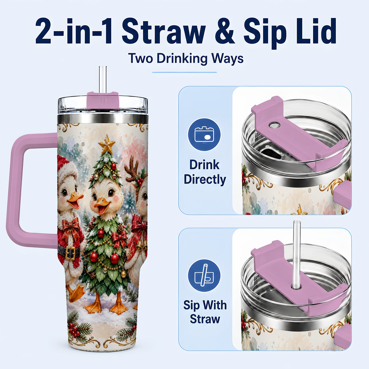 #pl[40oz|Pink] Christmas Goose Trio 40oz Tumbler with Handle, Festive Farm Bird Art