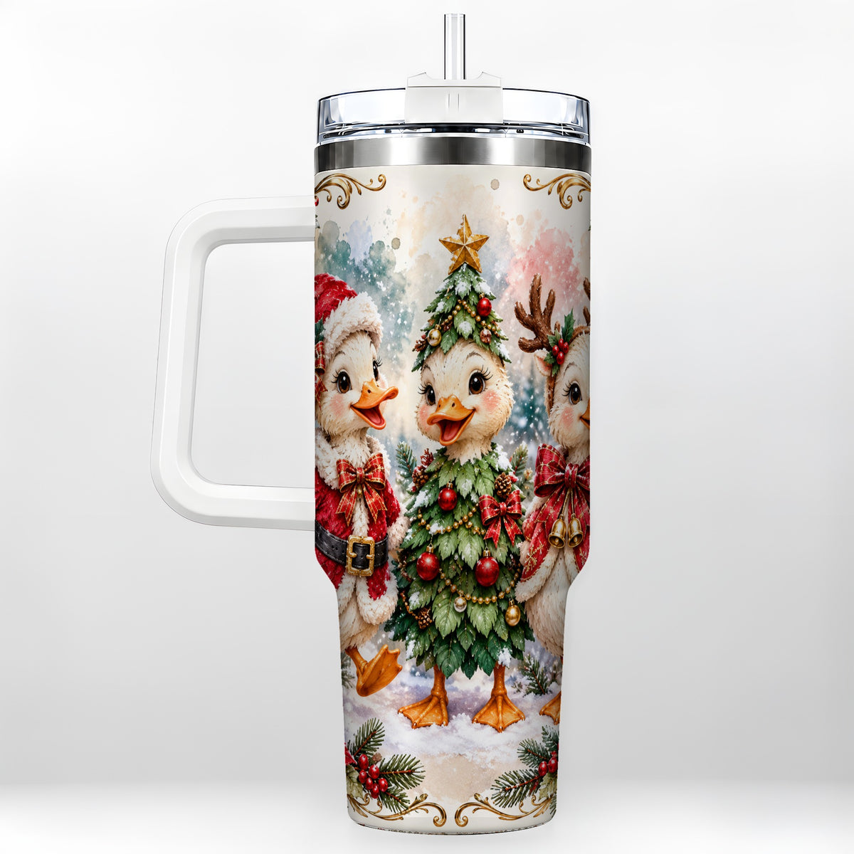 Christmas Goose Trio 40oz Tumbler with Handle, Festive Farm Bird Art