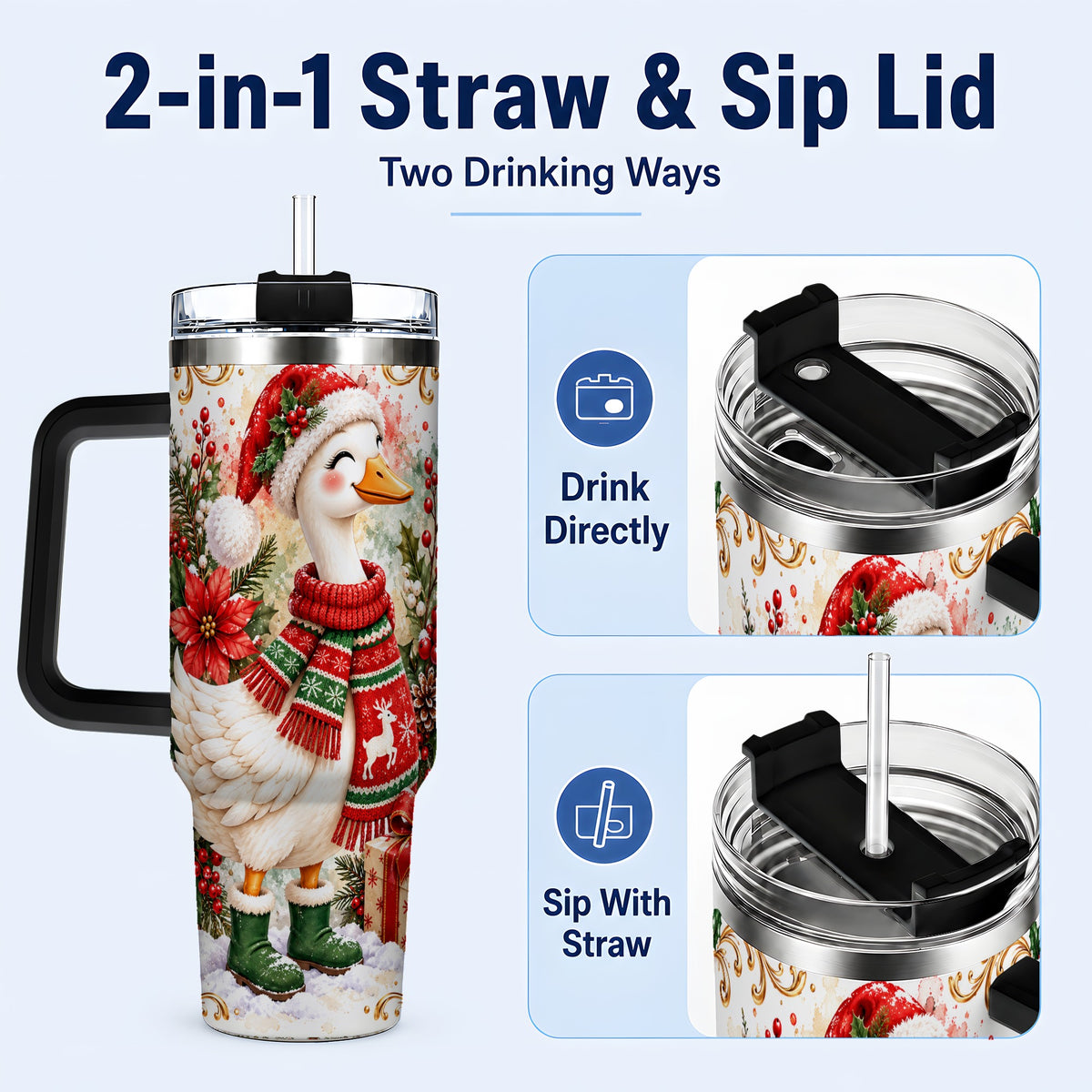 #pl[40oz|Black] Christmas Goose 40oz Tumbler with Handle, Cozy Holiday Bird Artwork