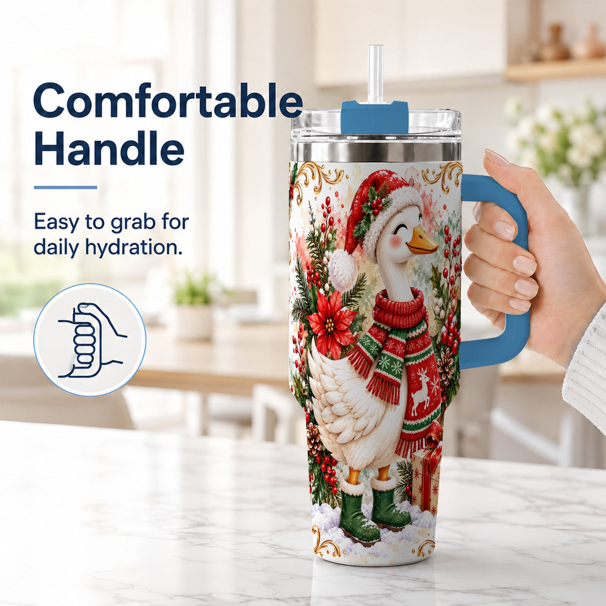 #pl[40oz|Blue] Christmas Goose 40oz Tumbler with Handle, Cozy Holiday Bird Artwork