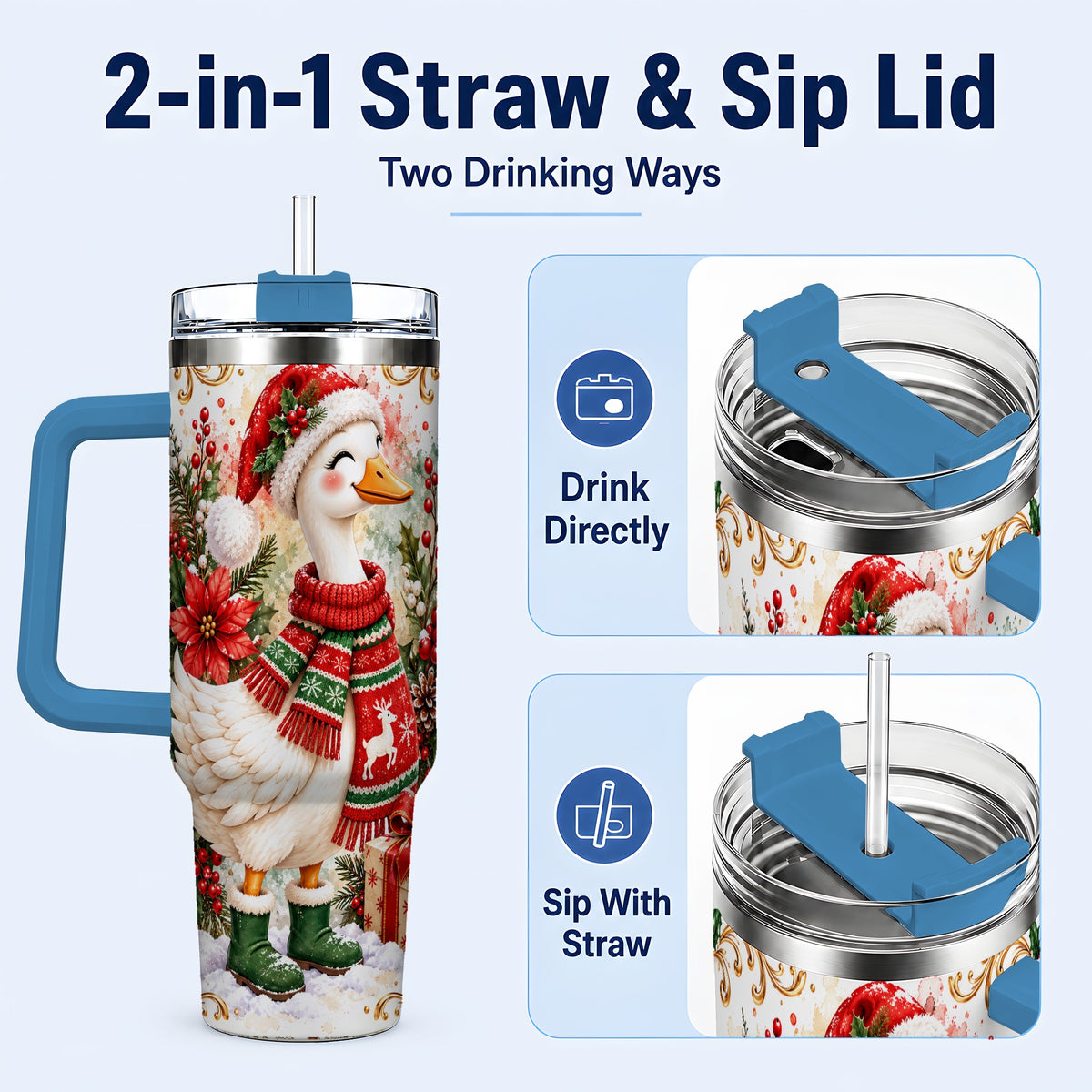 #pl[40oz|Blue] Christmas Goose 40oz Tumbler with Handle, Cozy Holiday Bird Artwork