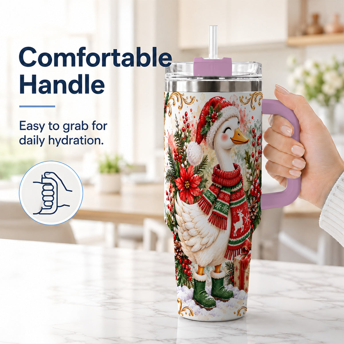 #pl[40oz|Pink] Christmas Goose 40oz Tumbler with Handle, Cozy Holiday Bird Artwork