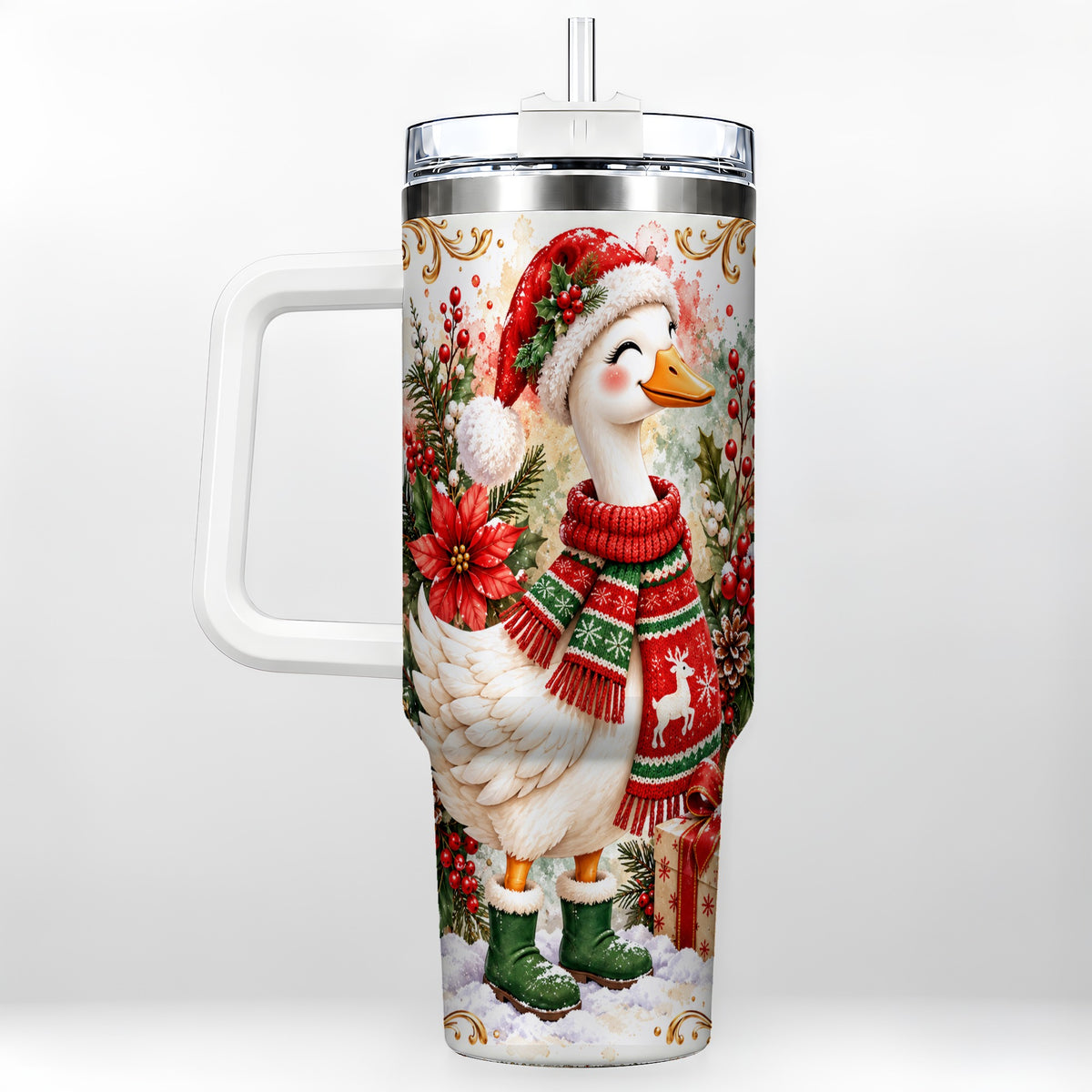 Christmas Goose 40oz Tumbler with Handle, Cozy Holiday Bird Artwork