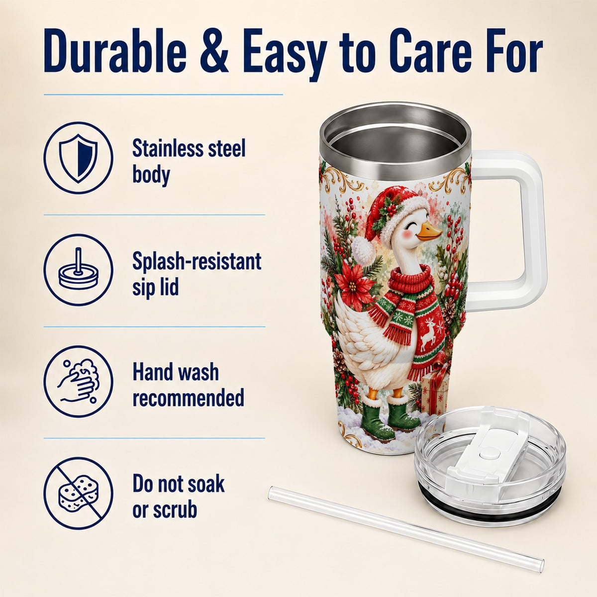 Christmas Goose 40oz Tumbler with Handle, Cozy Holiday Bird Artwork