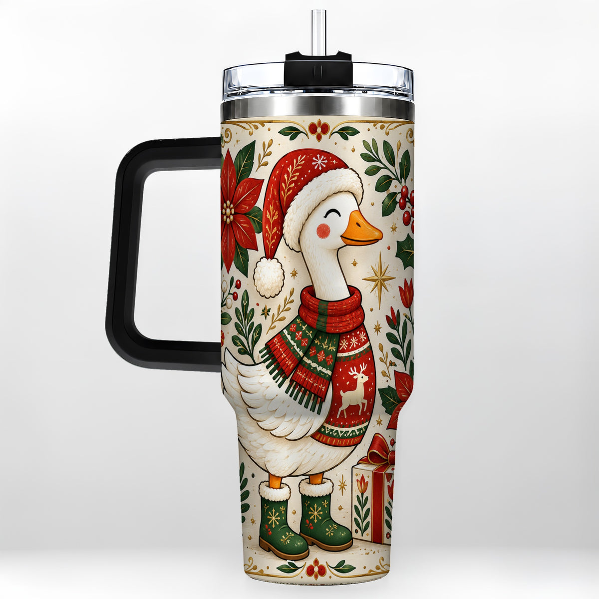 #pl[40oz|Black] Christmas Goose 40oz Tumbler with Handle, Farmhouse Holiday Drinkware