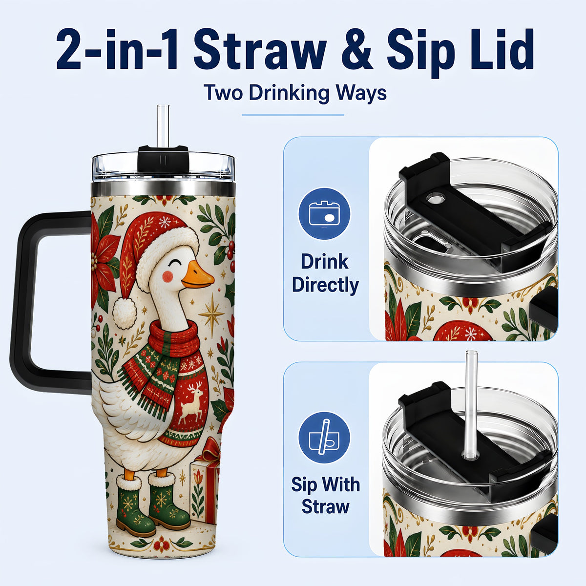 #pl[40oz|Black] Christmas Goose 40oz Tumbler with Handle, Farmhouse Holiday Drinkware
