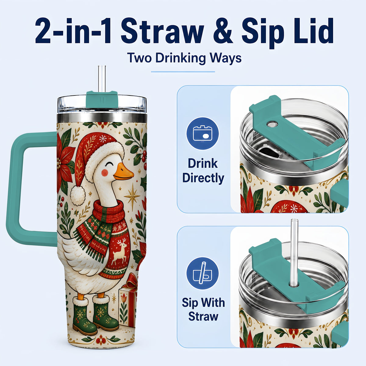 #pl[40oz|Green] Christmas Goose 40oz Tumbler with Handle, Farmhouse Holiday Drinkware