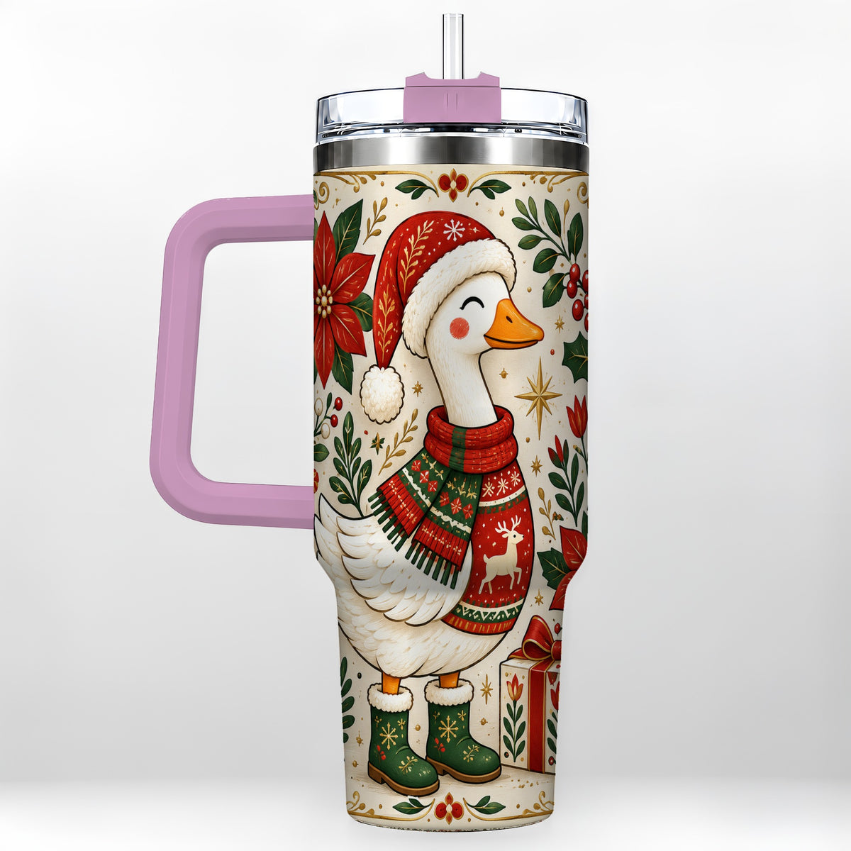 #pl[40oz|Pink] Christmas Goose 40oz Tumbler with Handle, Farmhouse Holiday Drinkware