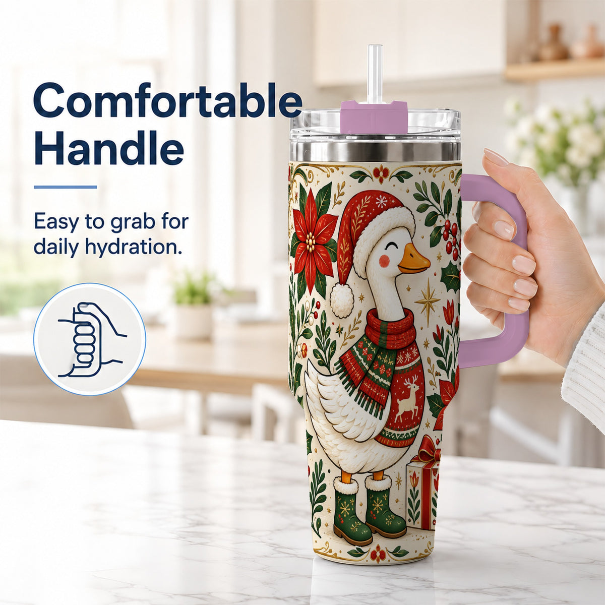 #pl[40oz|Pink] Christmas Goose 40oz Tumbler with Handle, Farmhouse Holiday Drinkware